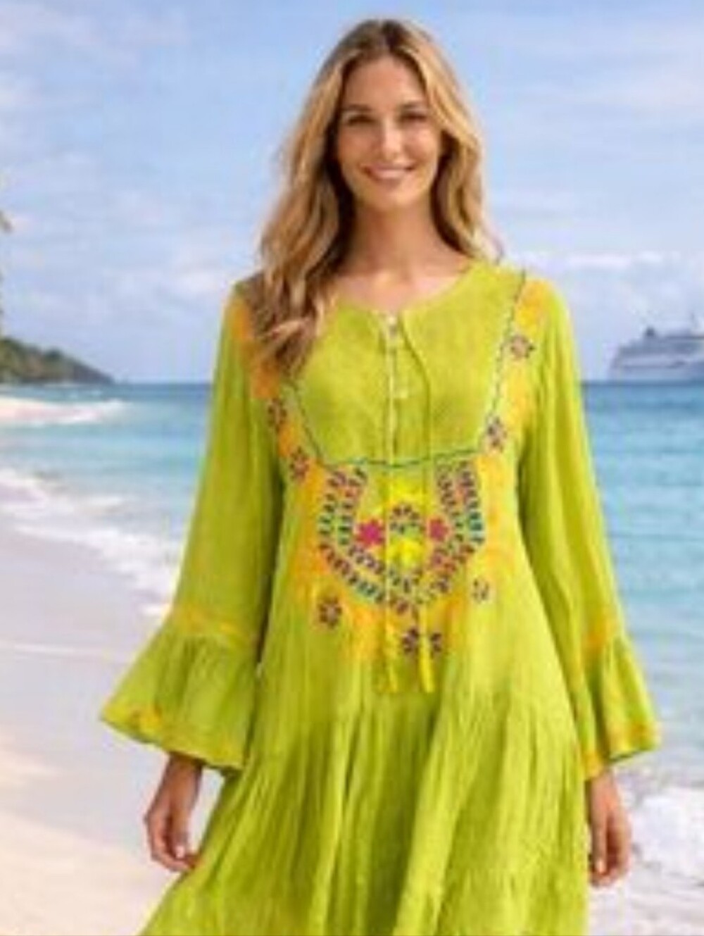 Riviera Sun Embroidered Beach Boho Flowy Mini dress Lime Green Size XL